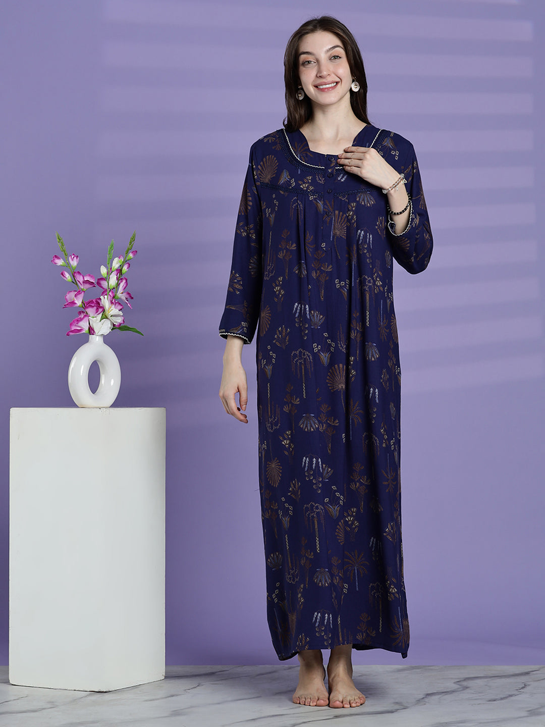 Emerald Blue Alpine Floral Full Sleeves Nighty For Women