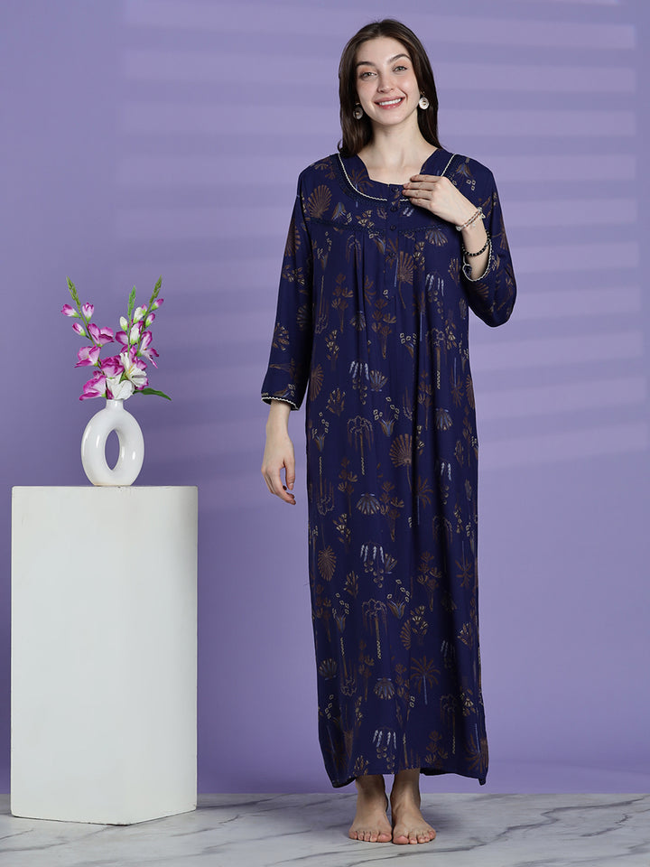 Emerald Blue Alpine Floral Full Sleeves Nighty For Women