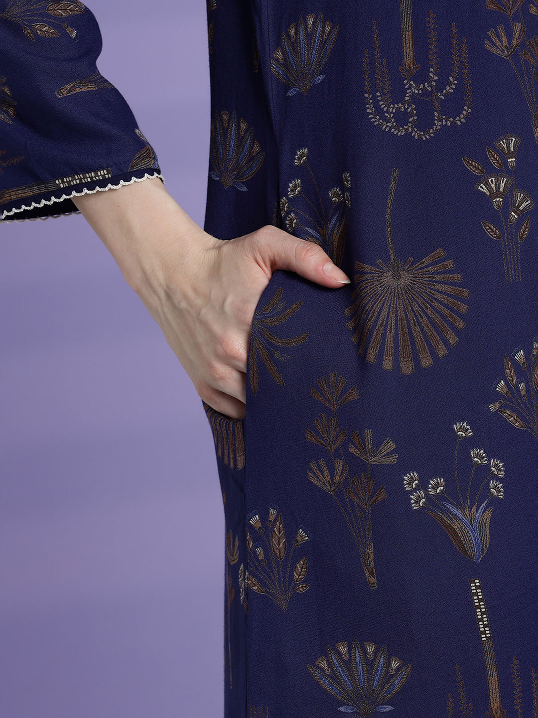 Emerald Blue Alpine Floral Full Sleeves Nighty For Women