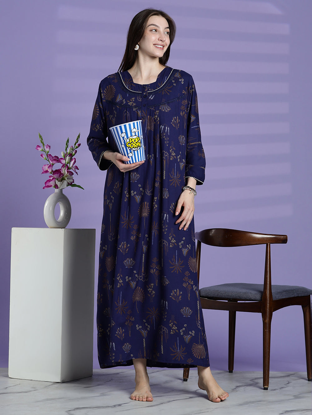 Emerald Blue Alpine Floral Full Sleeves Nighty For Women
