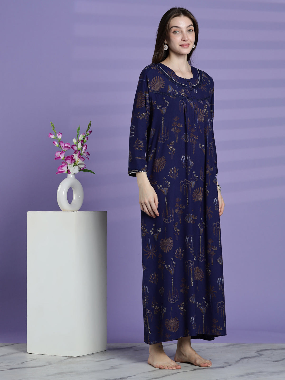 Emerald Blue Alpine Floral Full Sleeves Nighty For Women