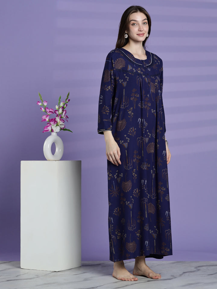 Emerald Blue Alpine Floral Full Sleeves Nighty For Women