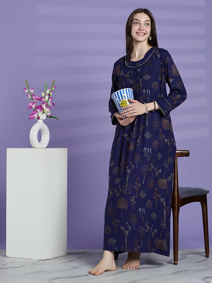 Emerald Blue Alpine Floral Full Sleeves Nighty For Women