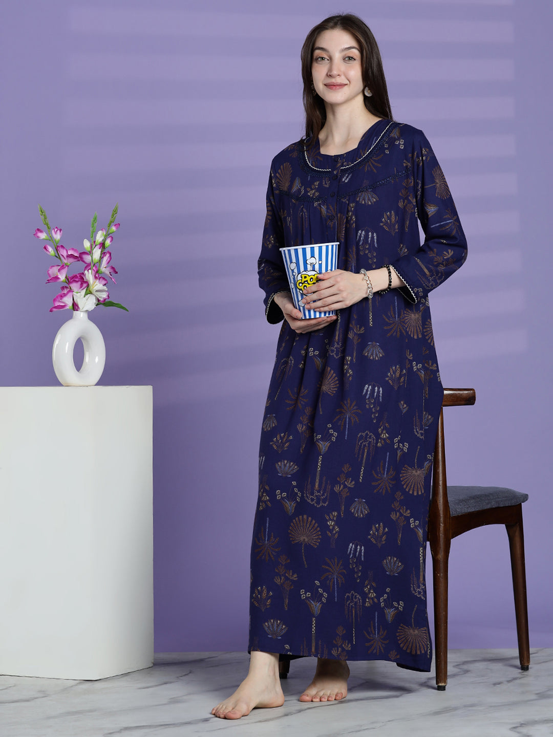 Emerald Blue Alpine Floral Full Sleeves Nighty For Women