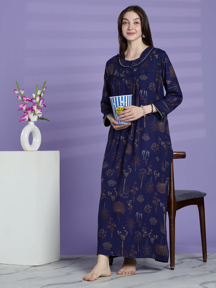 Emerald Blue Alpine Floral Full Sleeves Nighty For Women