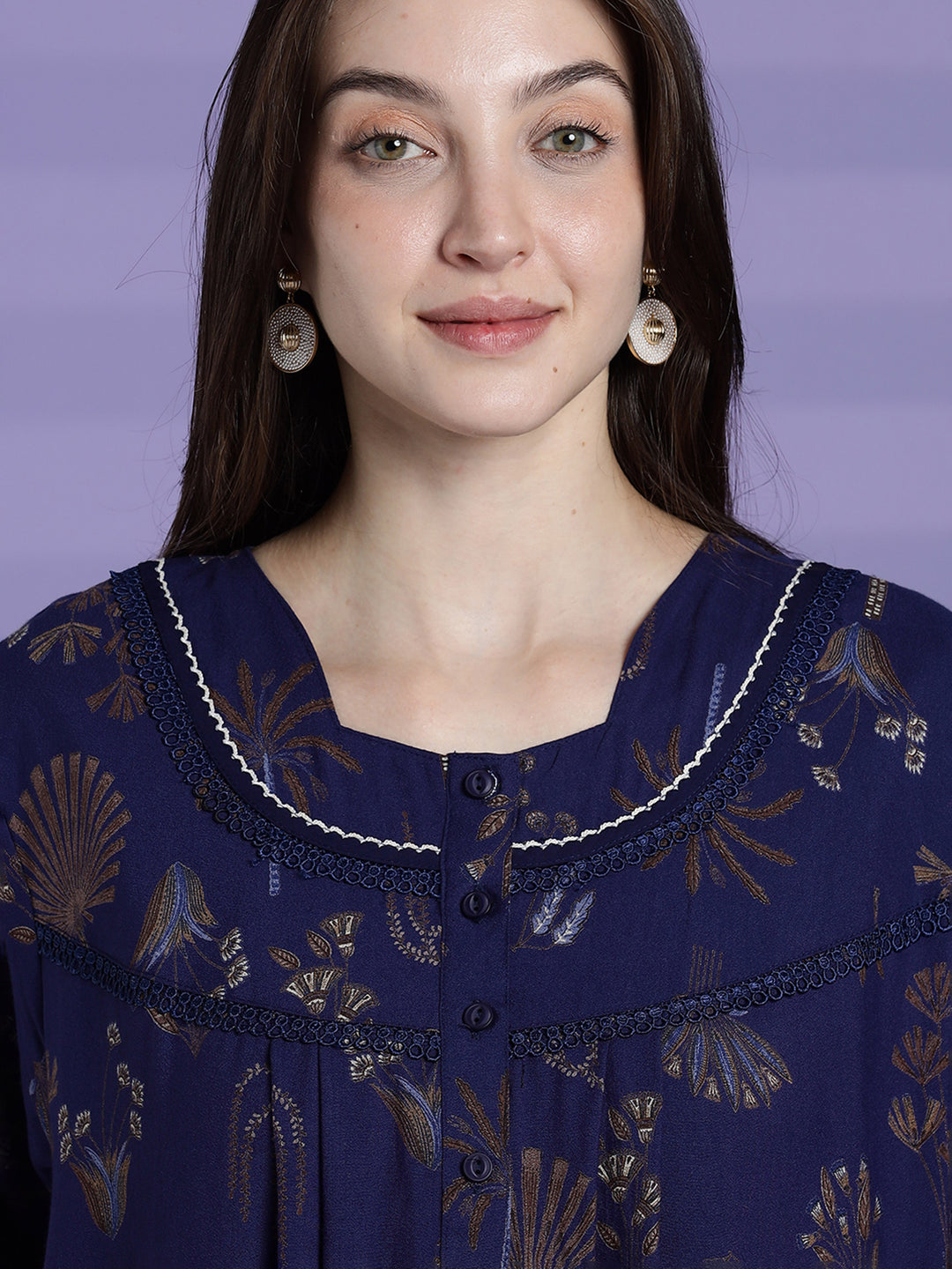 Emerald Blue Alpine Floral Full Sleeves Nighty For Women