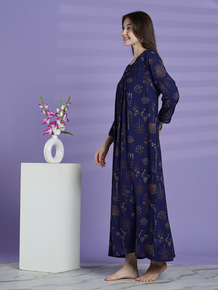 Emerald Blue Alpine Floral Full Sleeves Nighty For Women