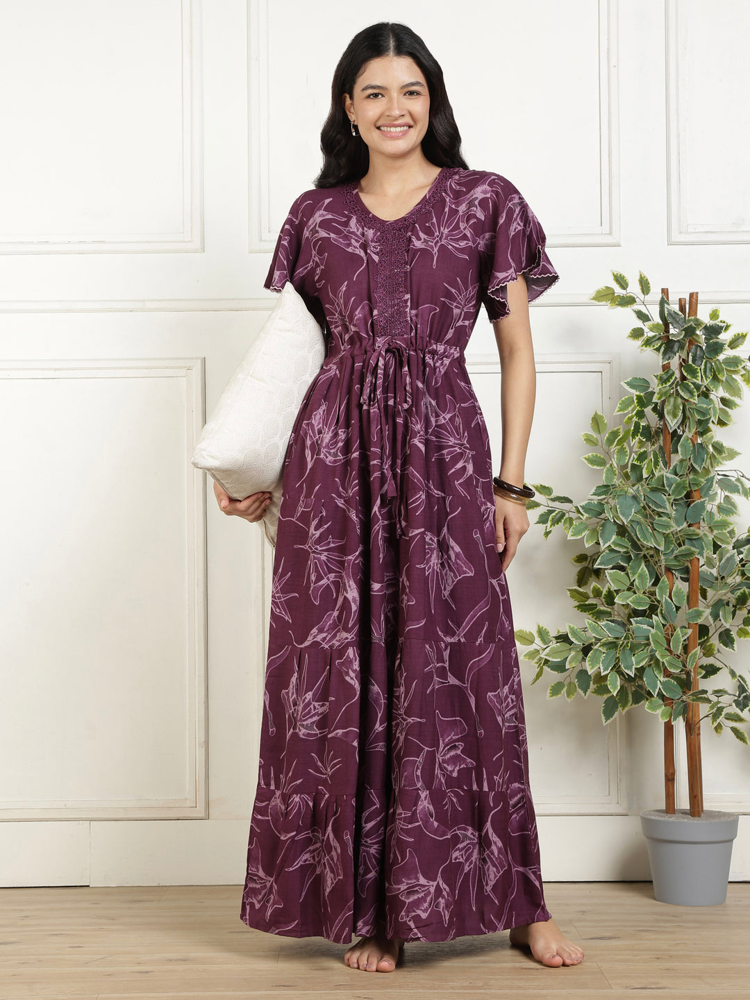 Floral purple alpine frock style nighty for women