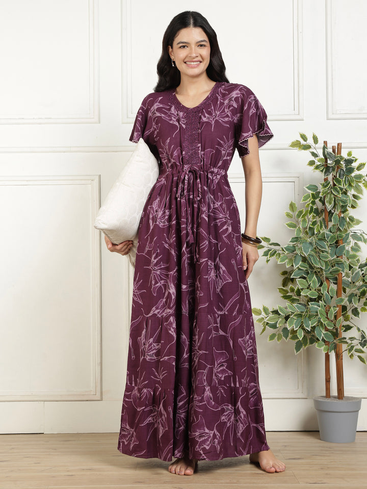 Floral purple alpine frock style nighty for women