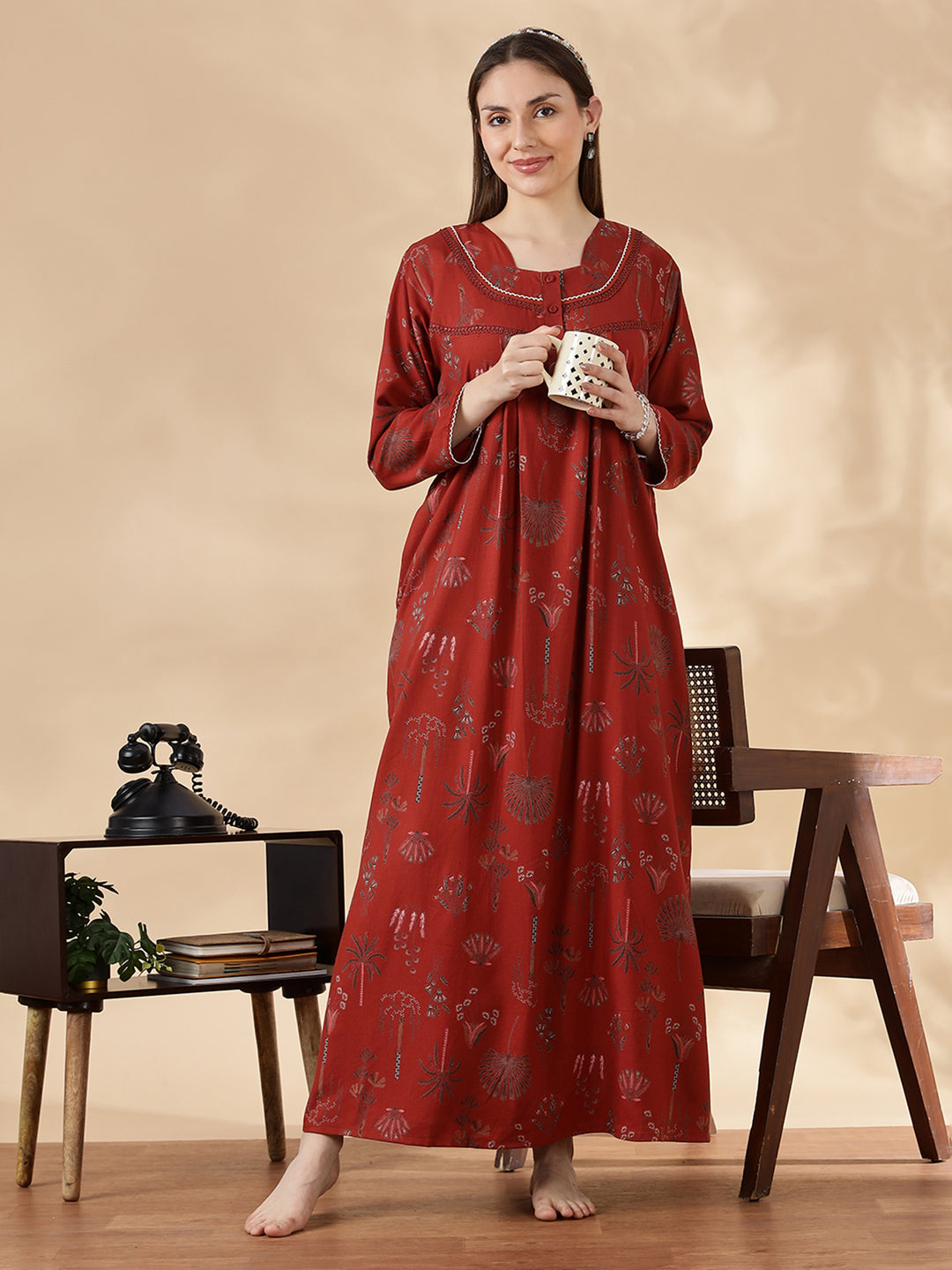 Alpine Floral Rust Color Cozy Nighty Dress For Women