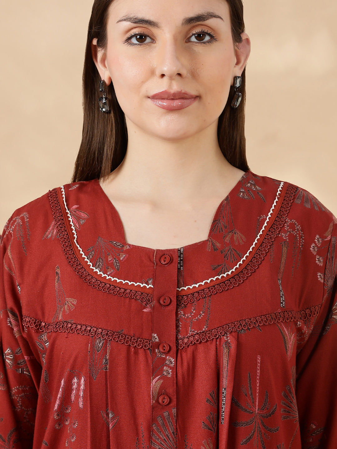 Alpine Floral Rust Color Cozy Nighty Dress For Women