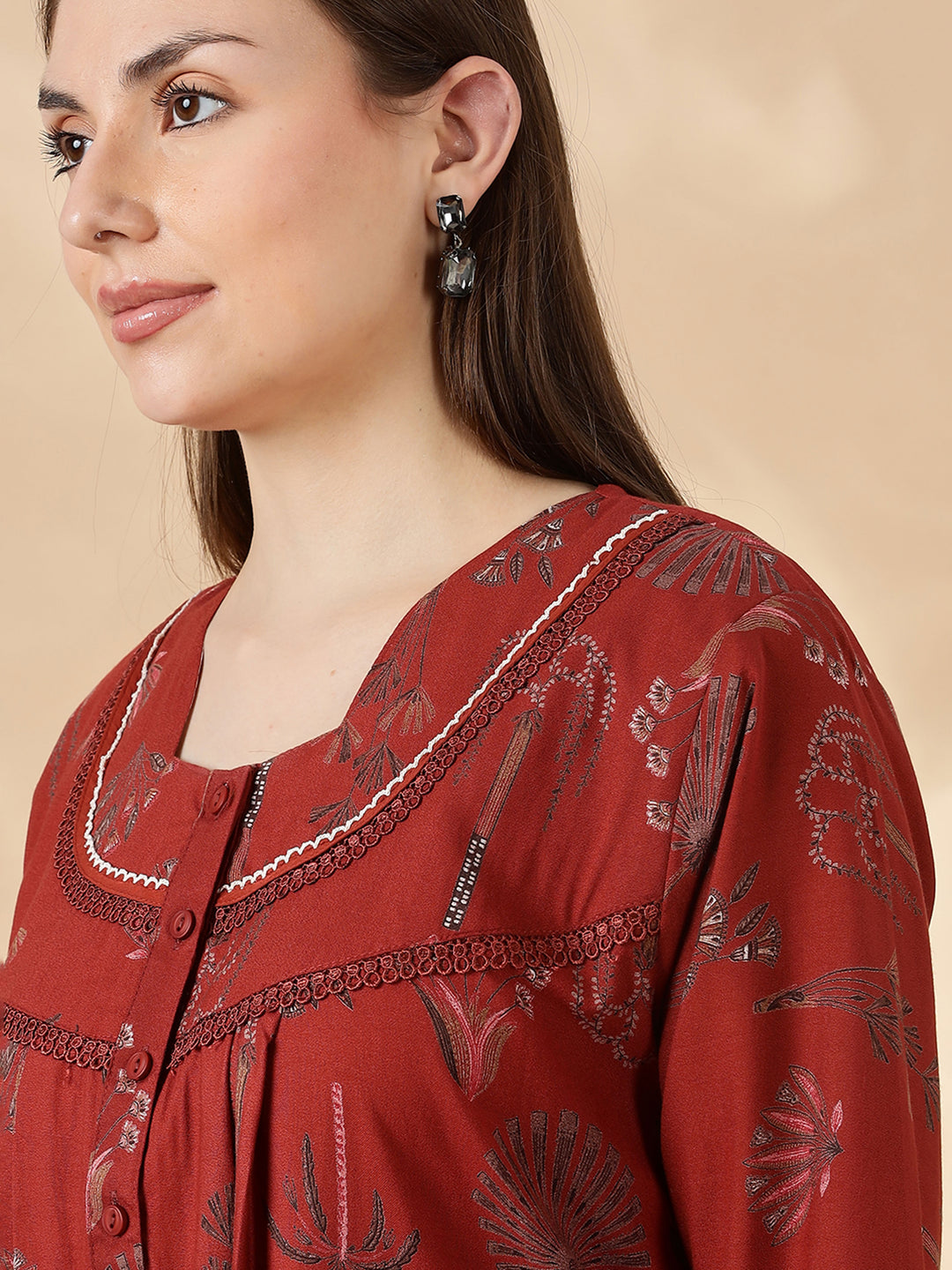 Alpine Floral Rust Color Cozy Nighty Dress For Women