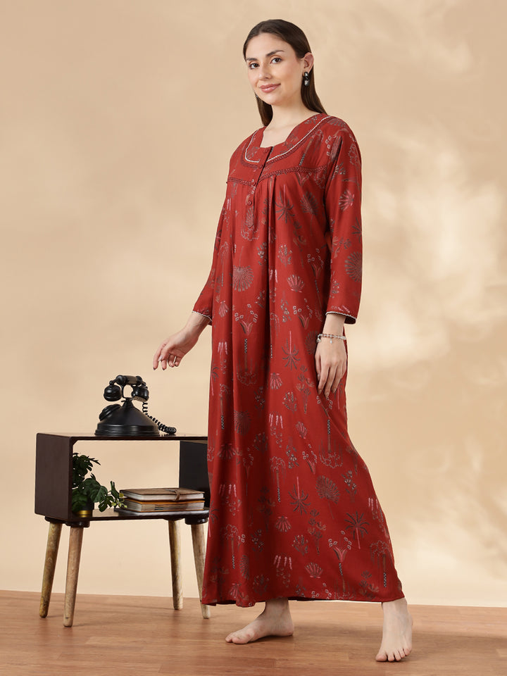 Alpine Floral Rust Color Cozy Nighty Dress For Women