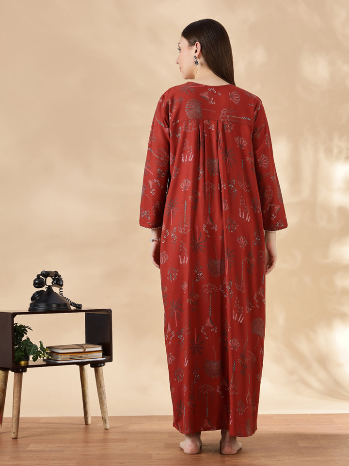 Alpine Floral Rust Color Cozy Nighty Dress For Women