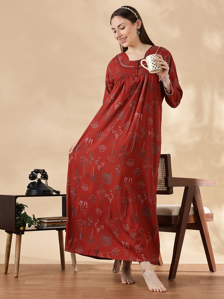 Alpine Floral Rust Color Cozy Nighty Dress For Women