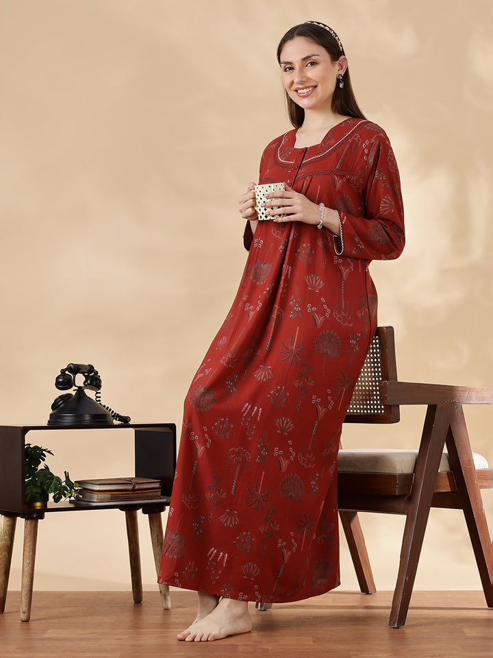 Alpine Floral Rust Color Cozy Nighty Dress For Women