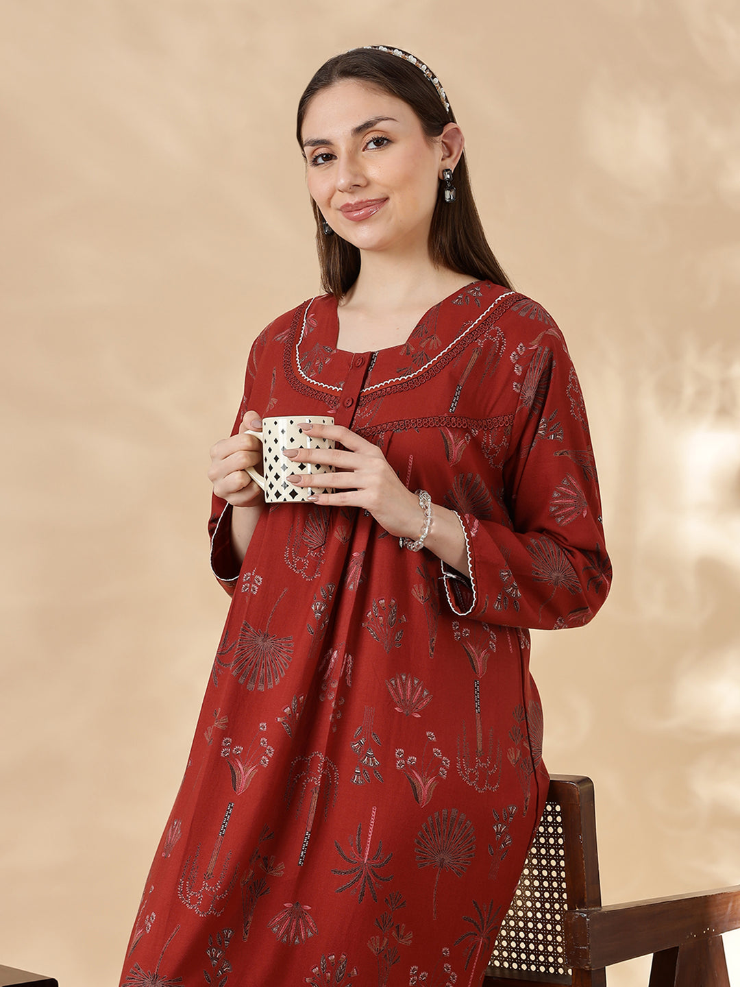 Alpine Floral Rust Color Cozy Nighty Dress For Women