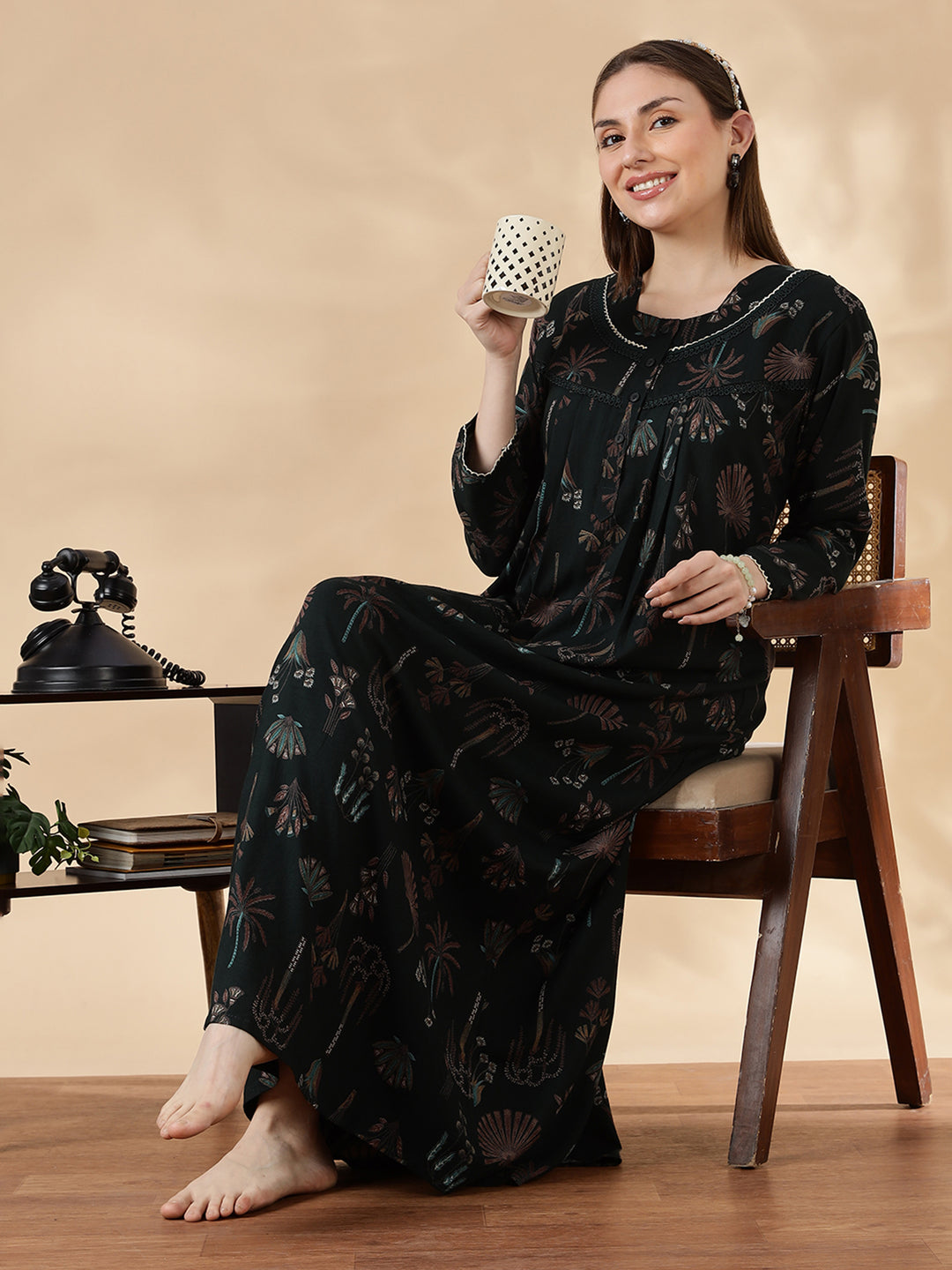 Emerald Green Alpine Floral Fancy Nighty For Women