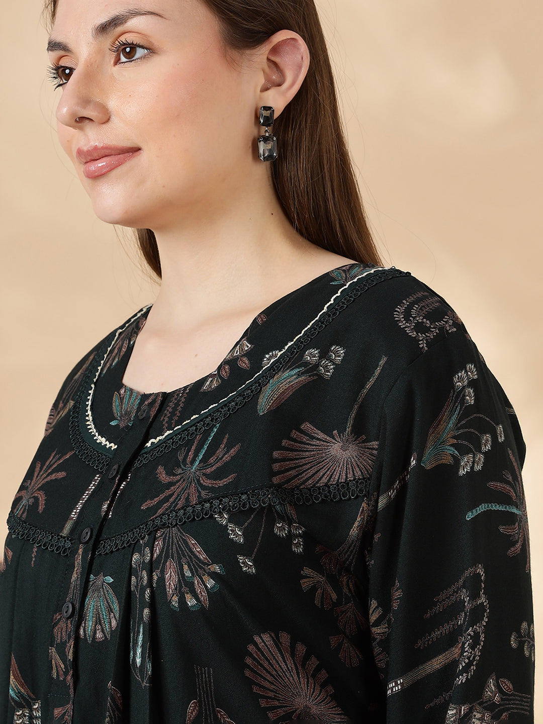 Emerald Green Alpine Floral Fancy Nighty For Women