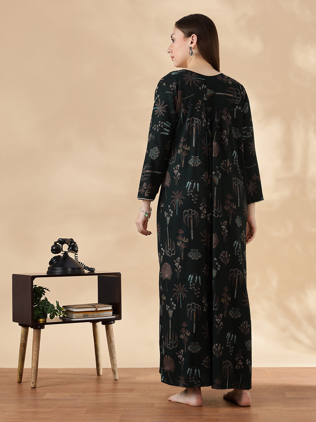 Emerald Green Alpine Floral Fancy Nighty For Women