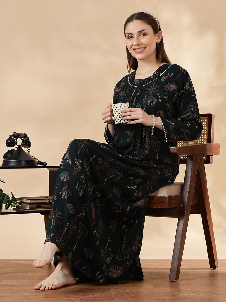 Emerald Green Alpine Floral Fancy Nighty For Women