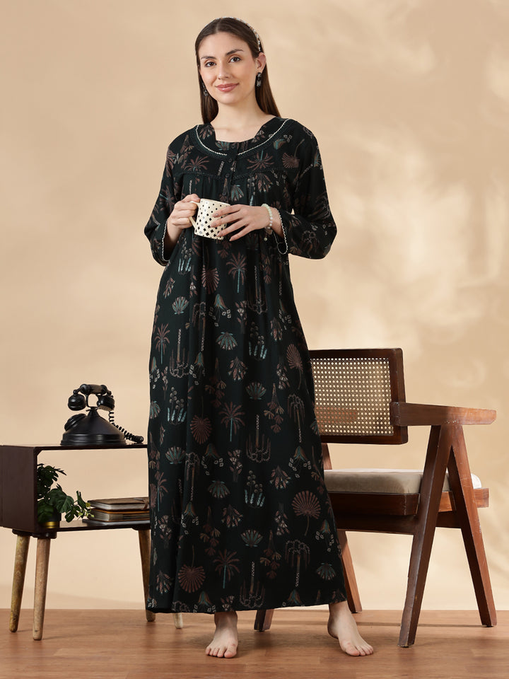 Emerald Green Alpine Floral Fancy Nighty For Women