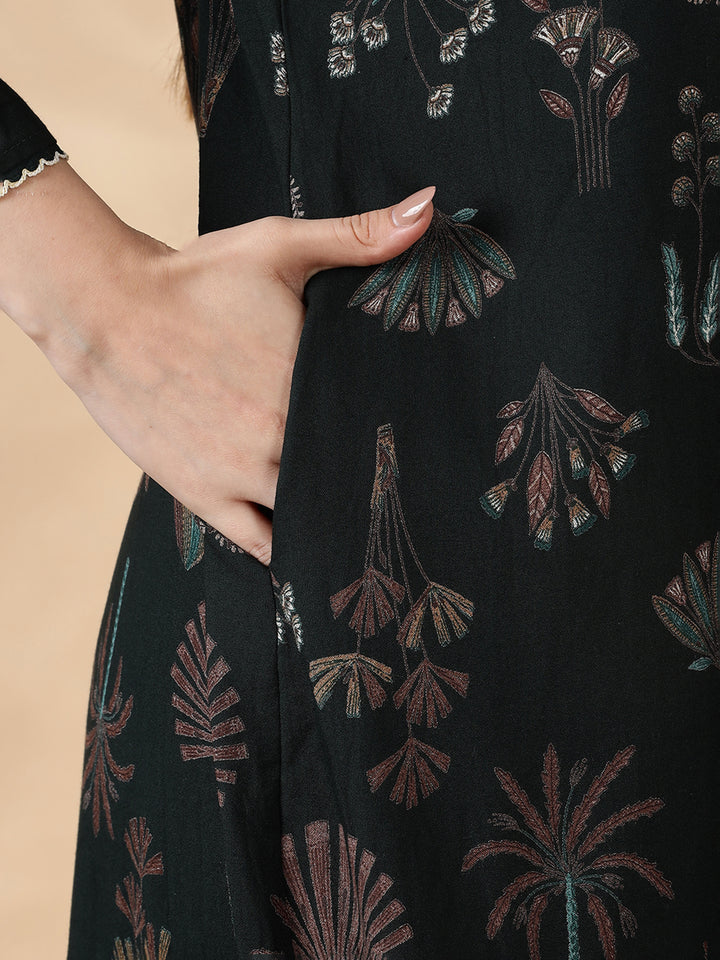 Emerald Green Alpine Floral Fancy Nighty For Women