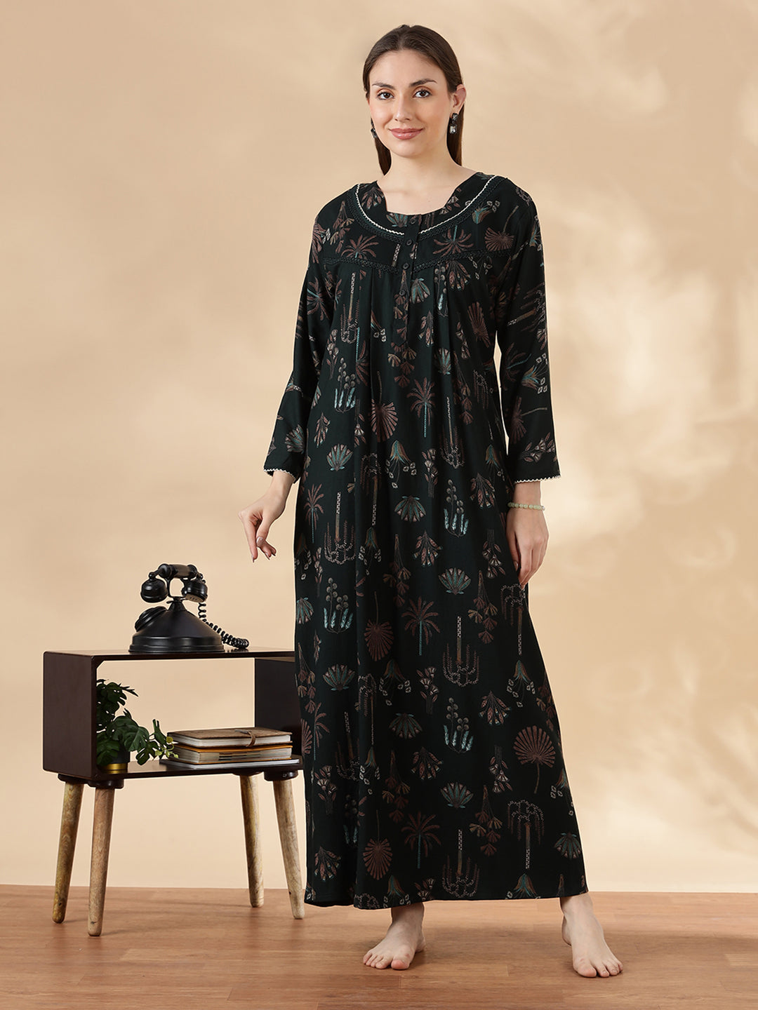 Emerald Green Alpine Floral Fancy Nighty For Women