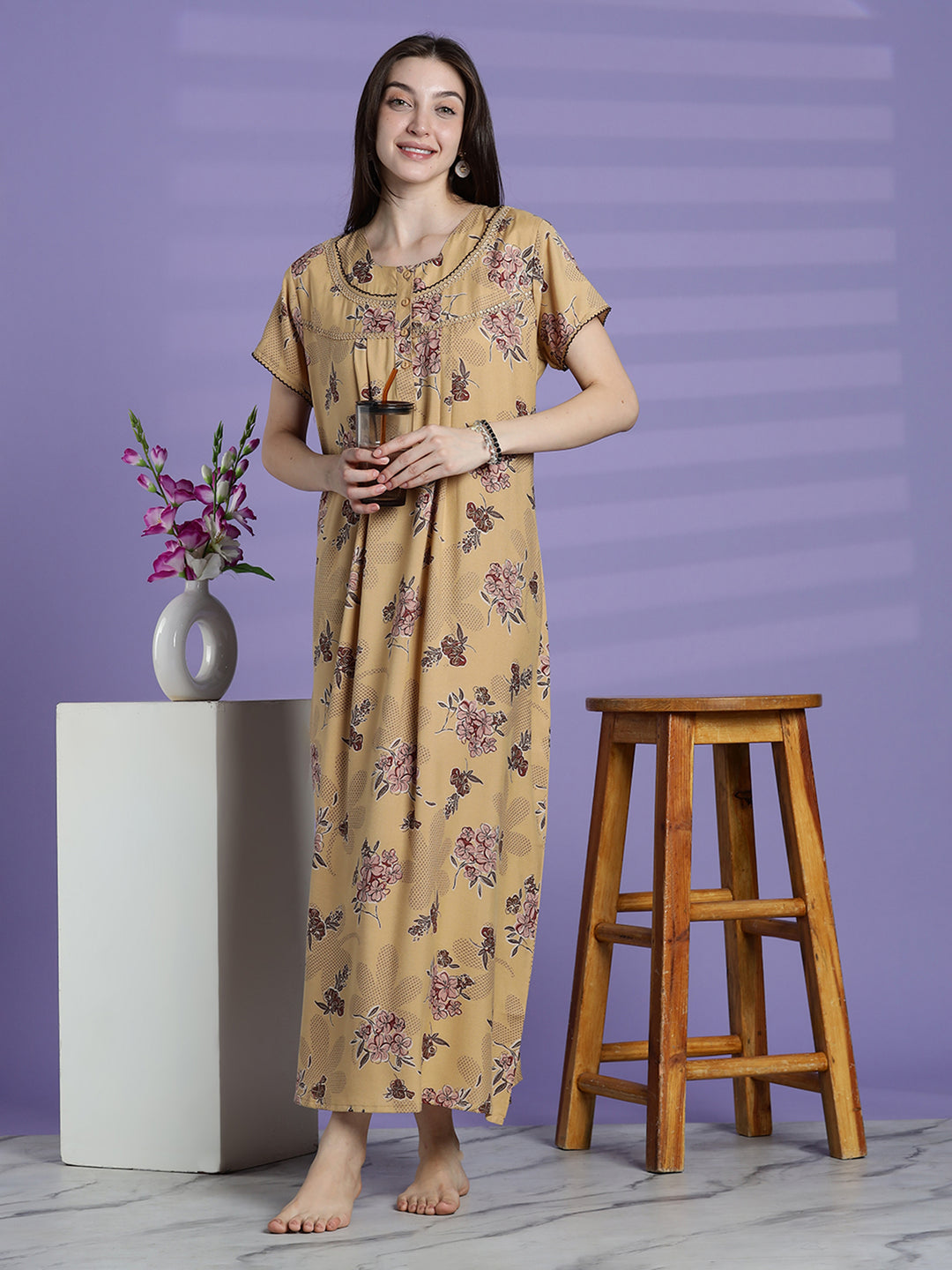 Women’s mustard beige floral alpine nighty with short sleeves and relaxed fit