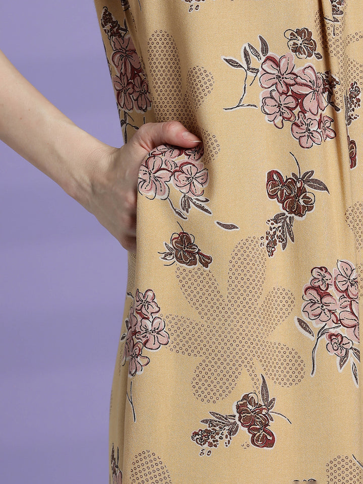 Women’s mustard beige floral alpine nighty with short sleeves and relaxed fit