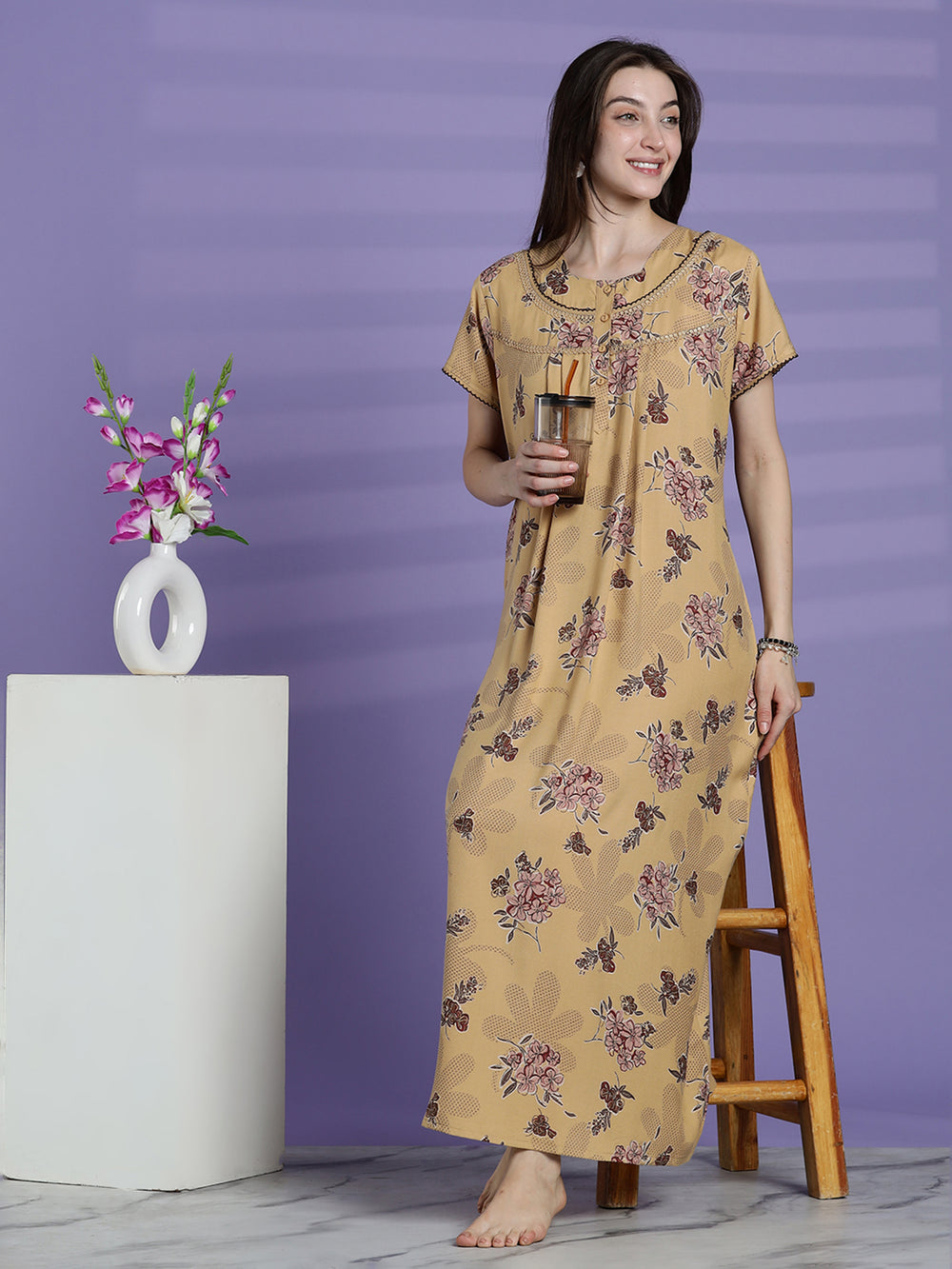 Women’s mustard beige floral alpine nighty with short sleeves and relaxed fit