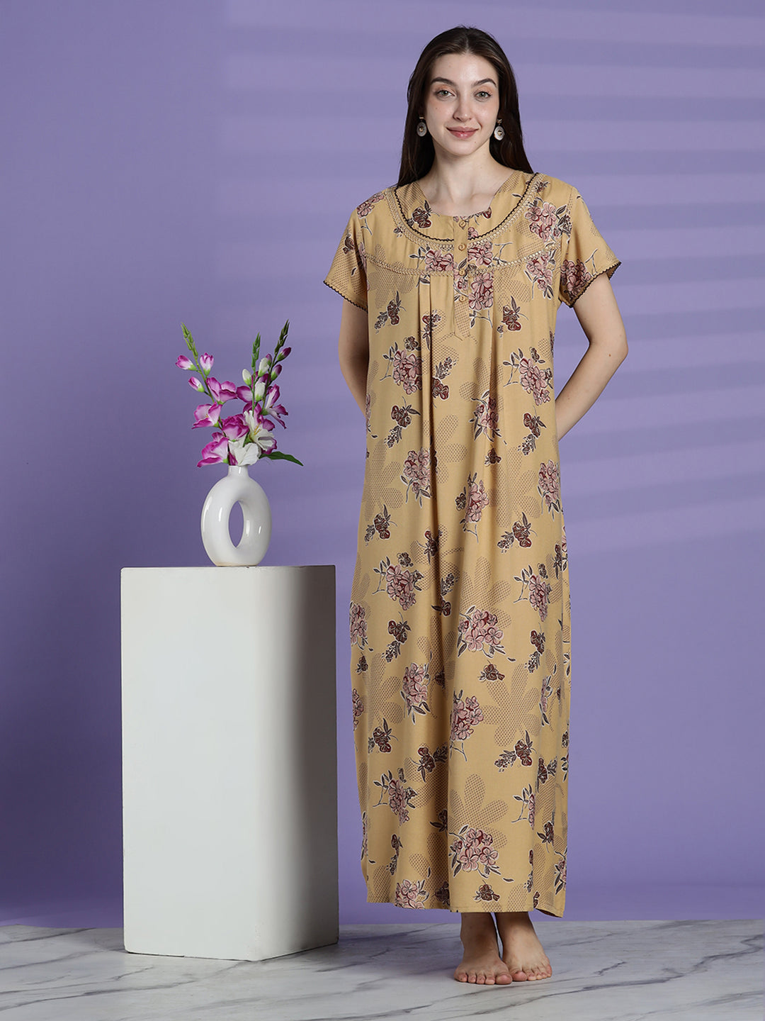 Women’s mustard beige floral alpine nighty with short sleeves and relaxed fit