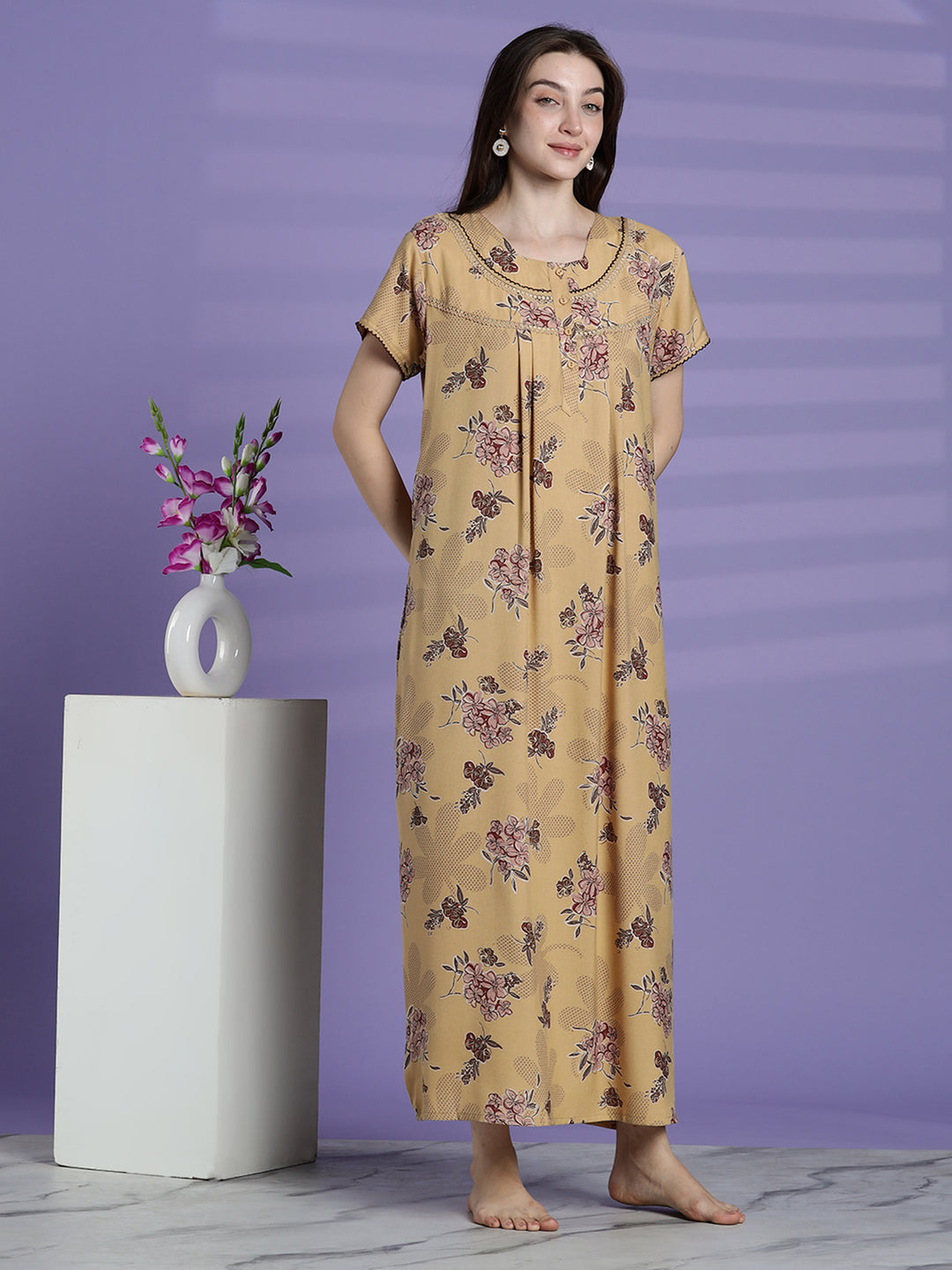 Women’s mustard beige floral alpine nighty with short sleeves and relaxed fit