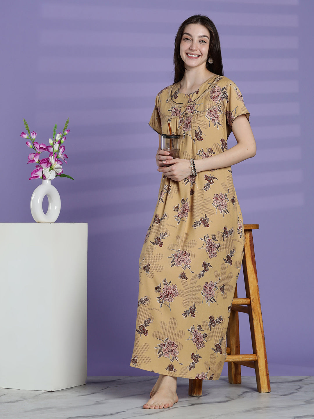 Women’s mustard beige floral alpine nighty with short sleeves and relaxed fit