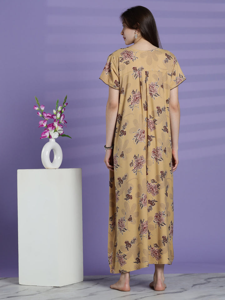 Women’s mustard beige floral alpine nighty with short sleeves and relaxed fit