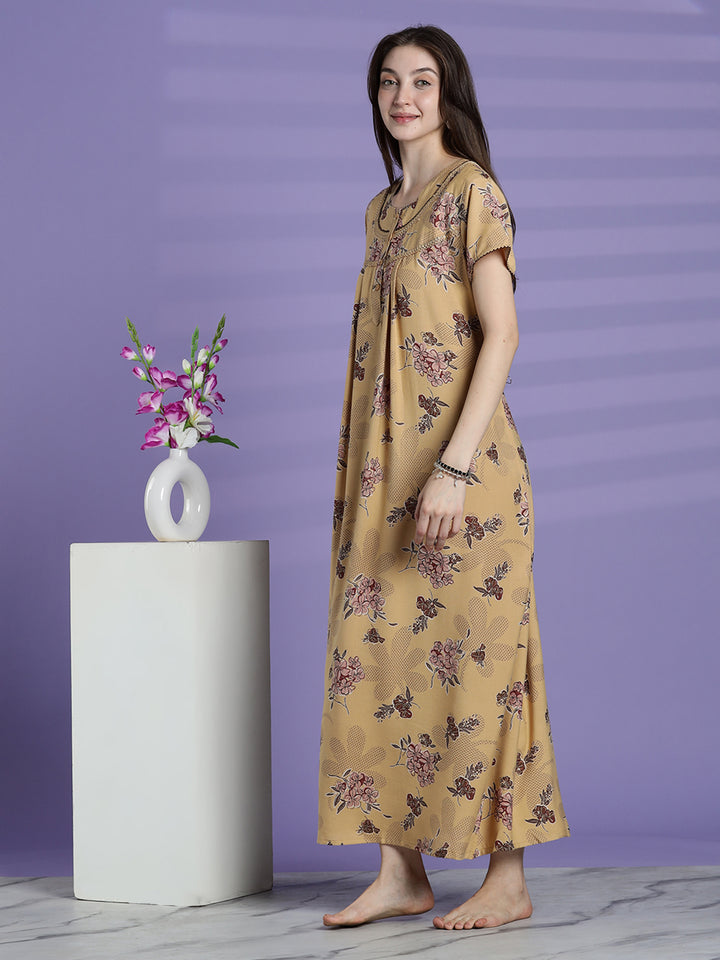 Women’s mustard beige floral alpine nighty with short sleeves and relaxed fit