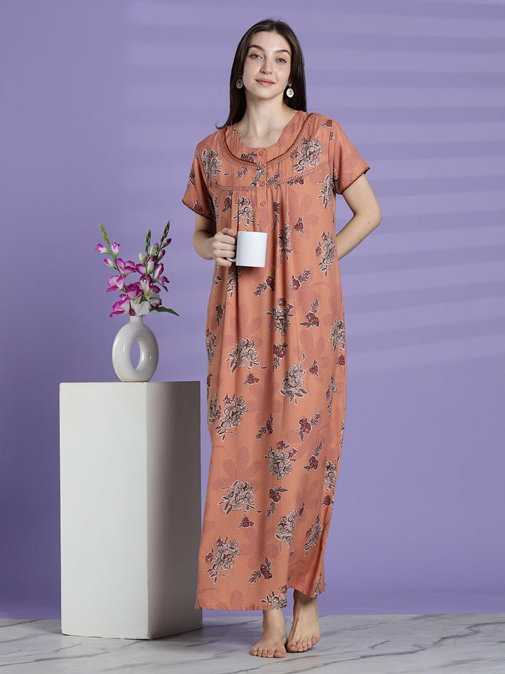 Mustard peach alpine floral nightwear for women