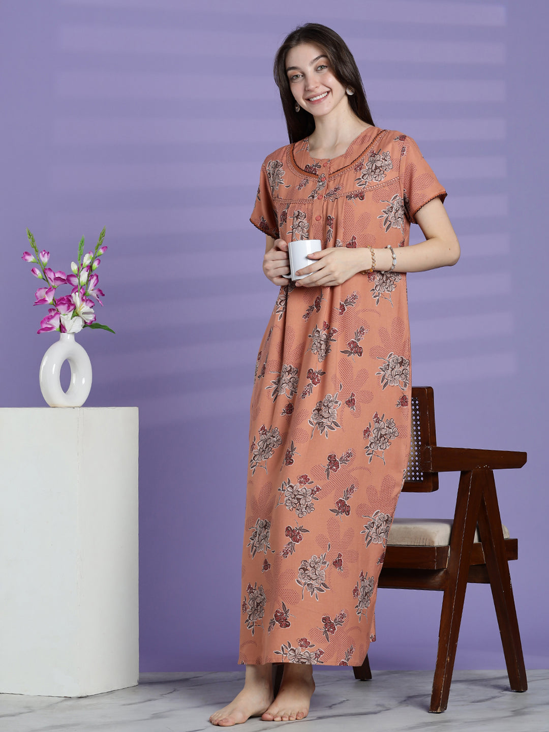Mustard peach alpine floral nightwear for women