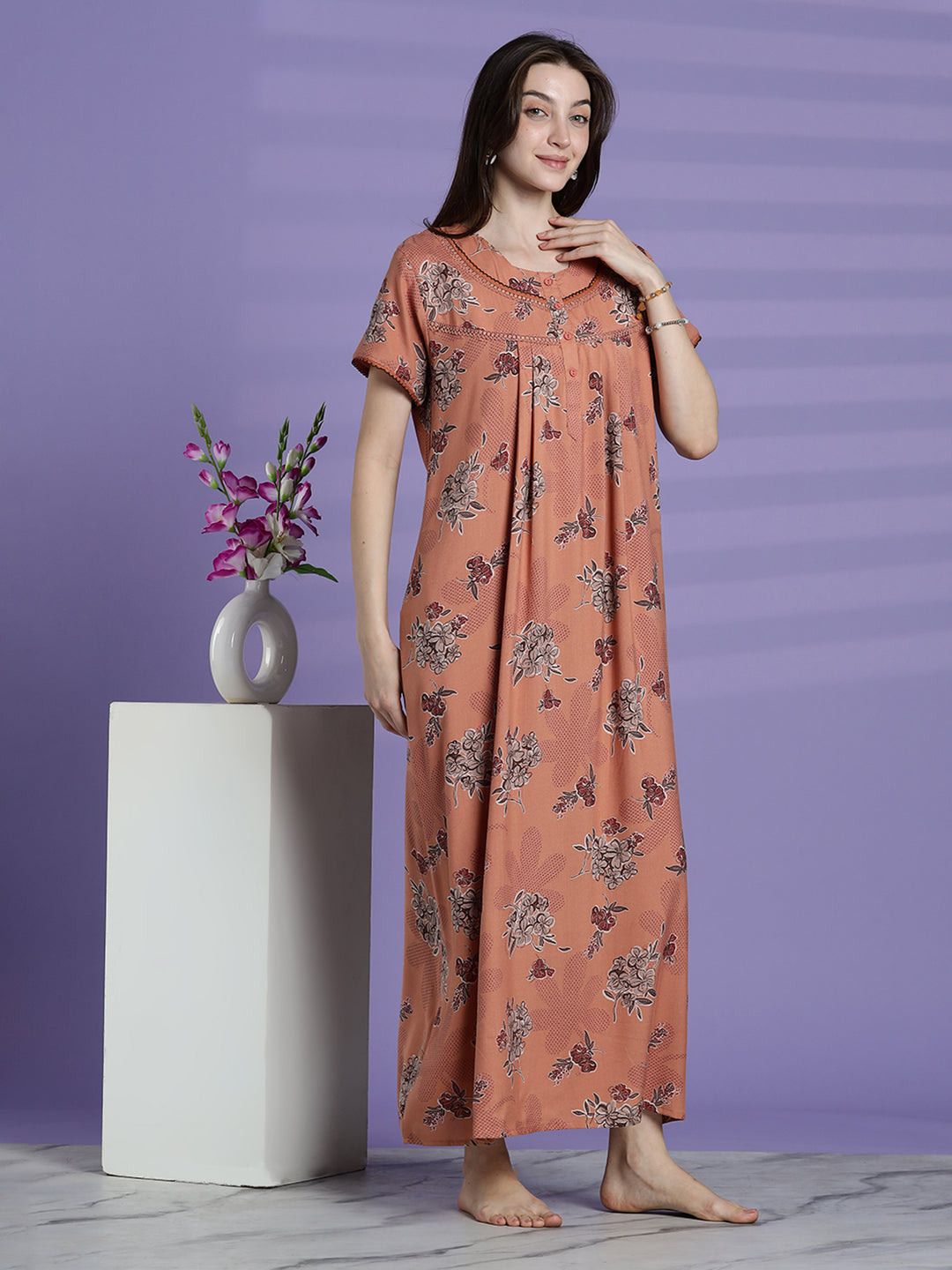 Mustard peach alpine floral nightwear for women