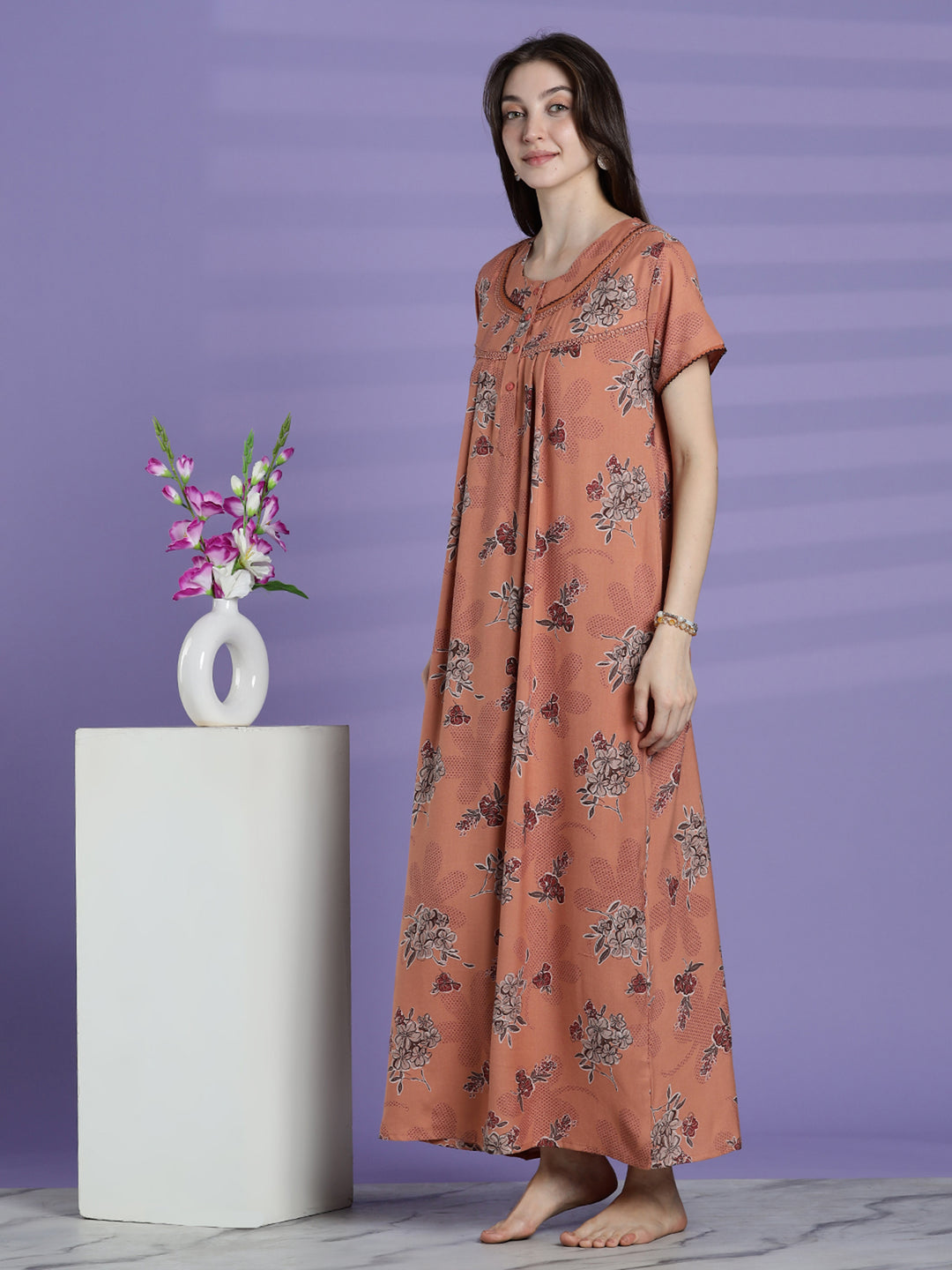 Mustard peach alpine floral nightwear for women