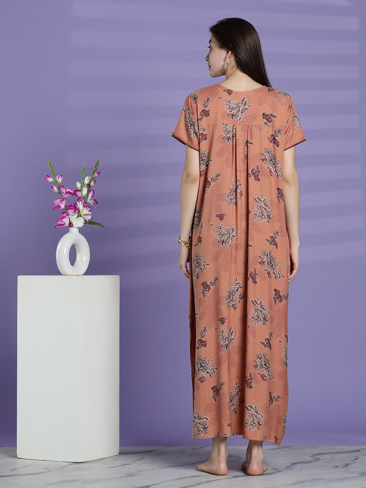 Mustard peach alpine floral nightwear for women