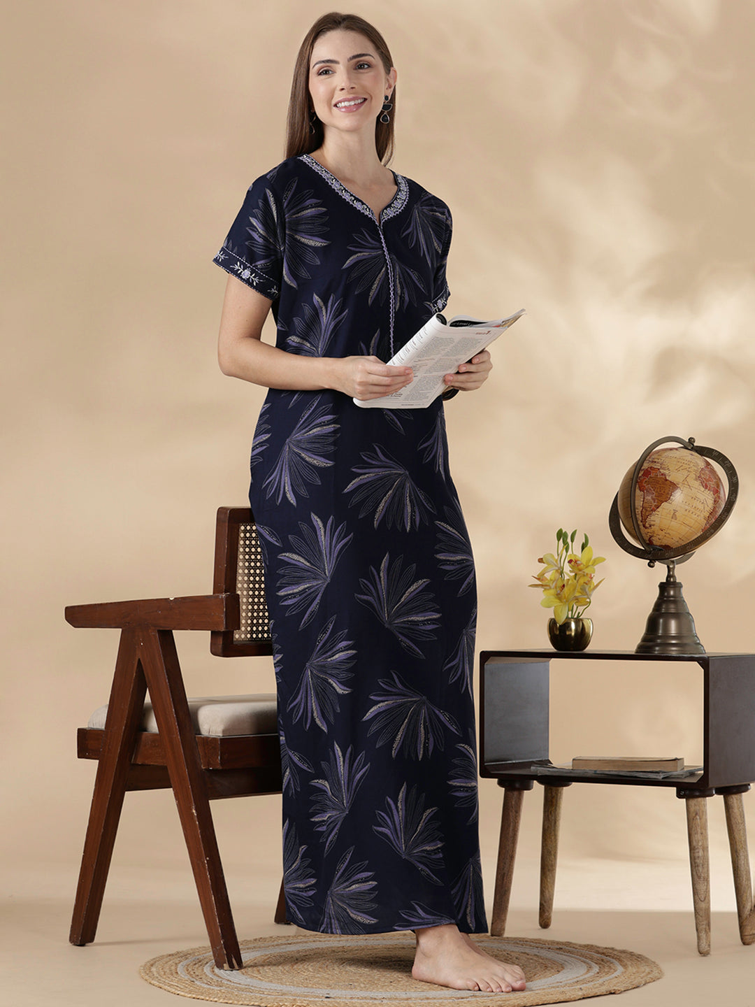 Dusk navy alpine floral comfortable feeding nighty for women