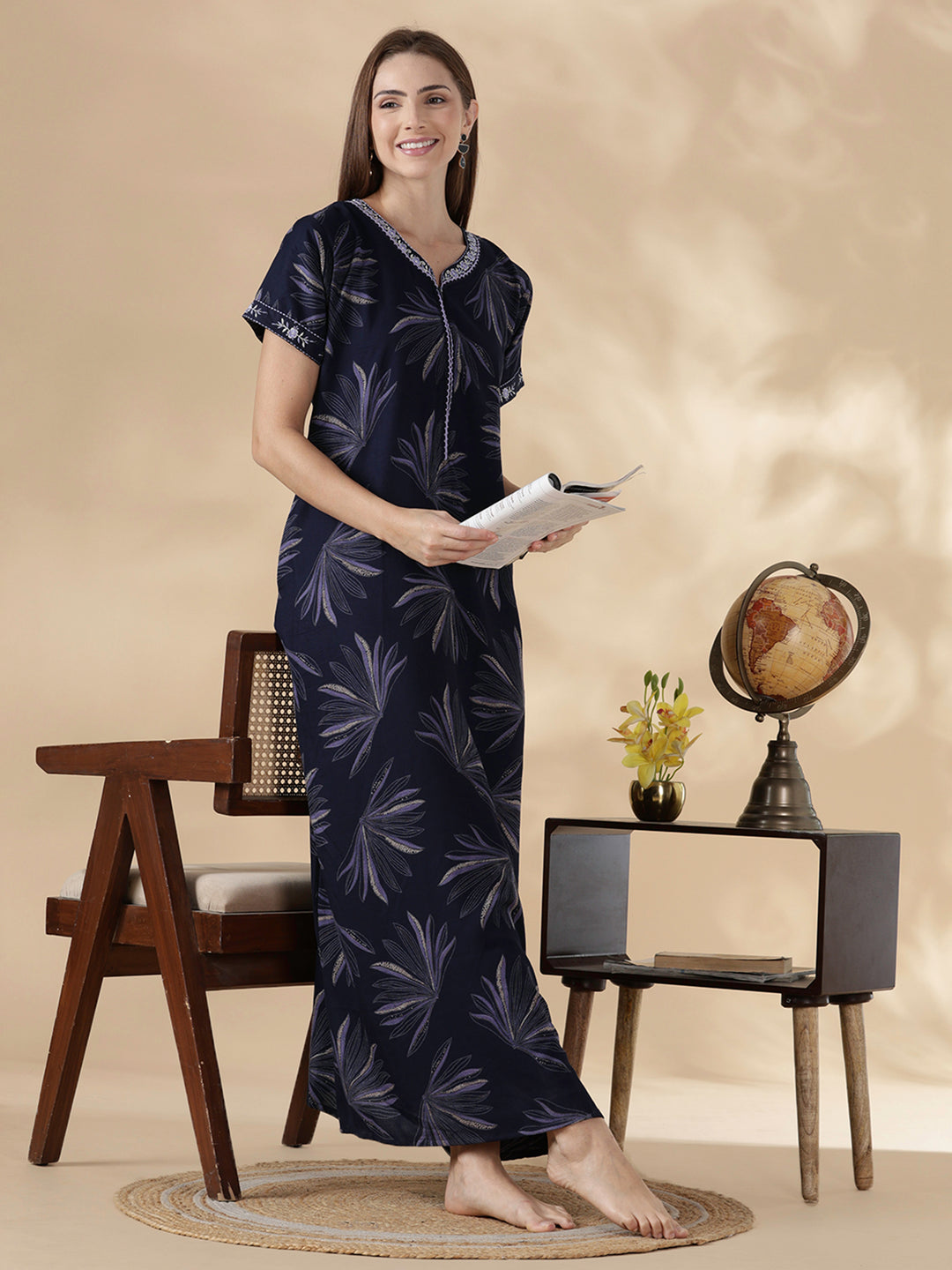 Dusk navy alpine floral comfortable feeding nighty for women