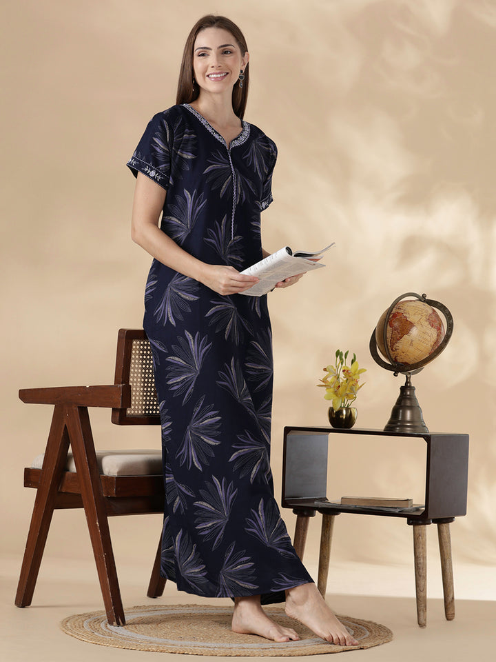 Dusk navy alpine floral comfortable feeding nighty for women
