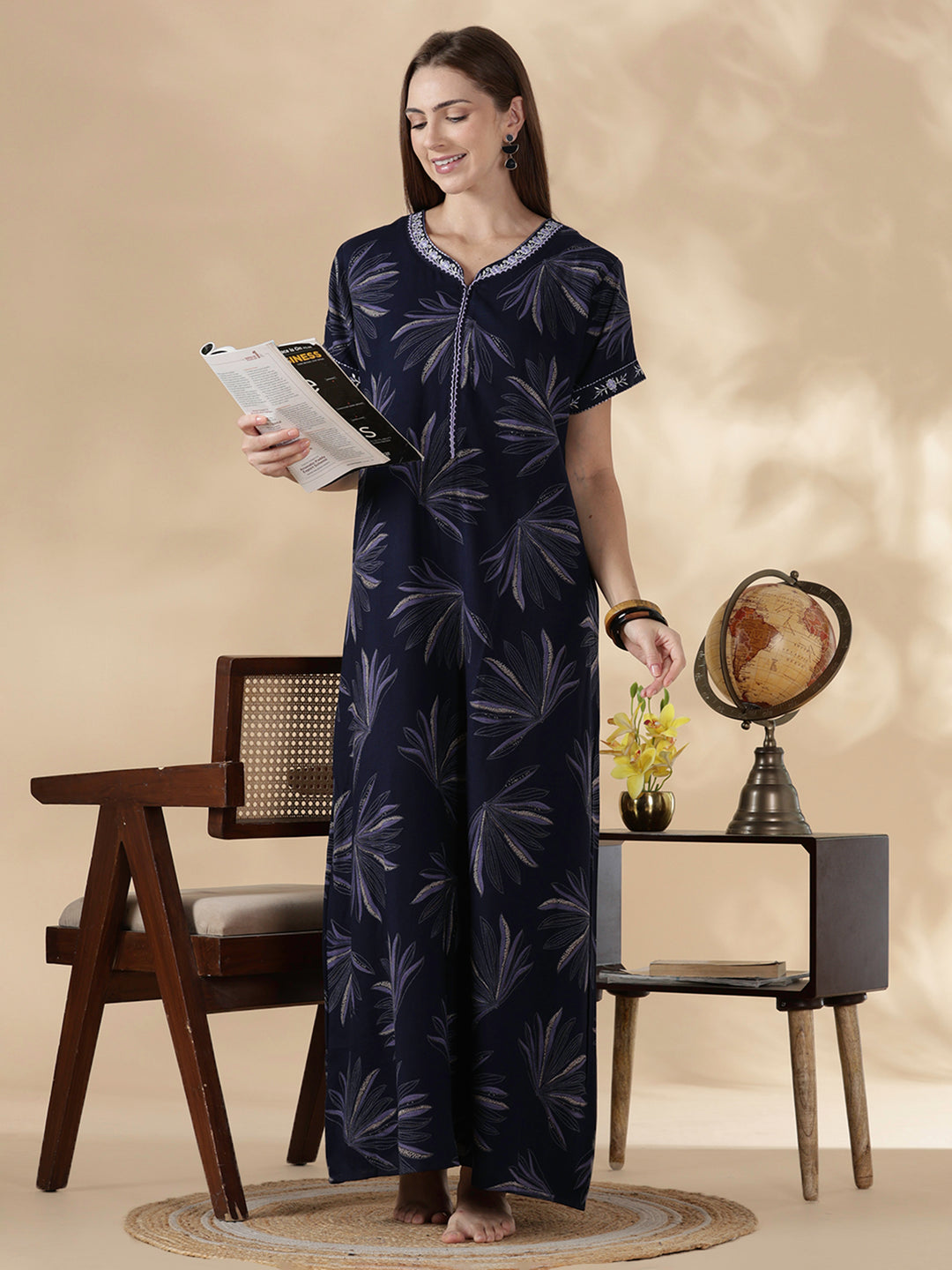 Dusk navy alpine floral comfortable feeding nighty for women