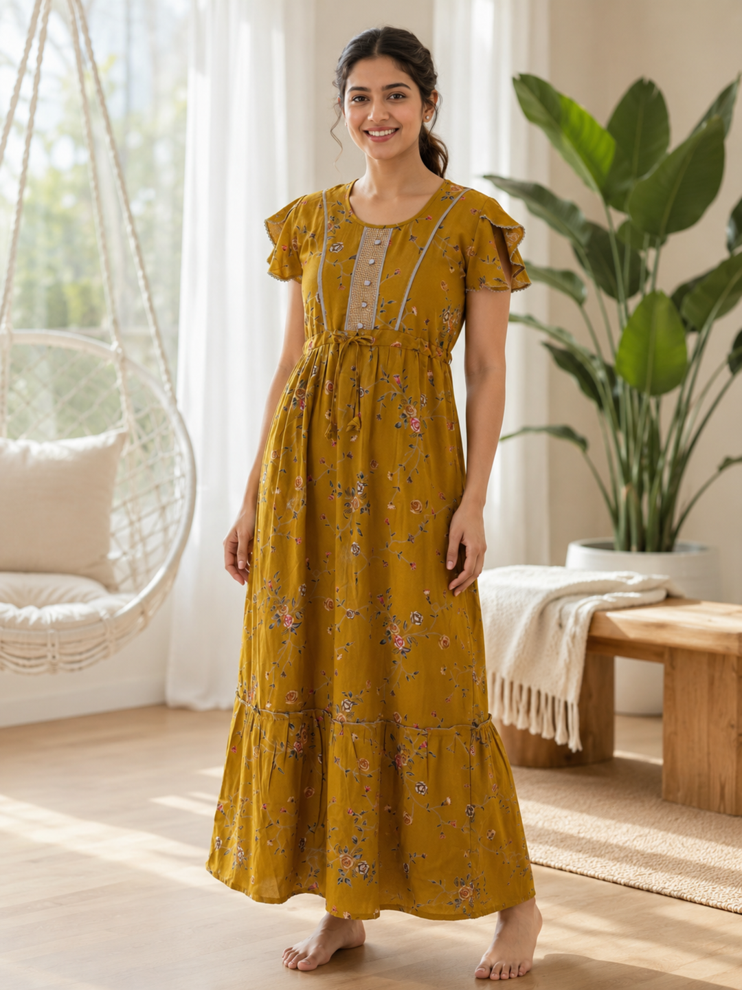 Floret mustard night dress for women in alpine fabric