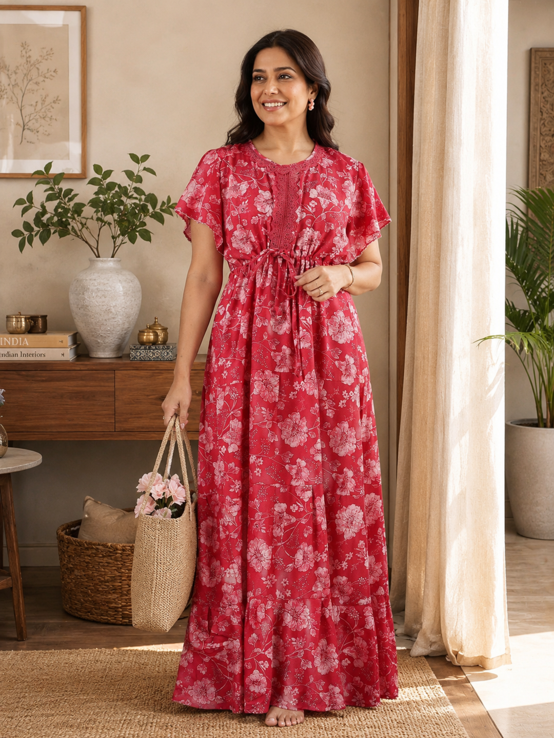 Salmon red floral alpine night wear for women