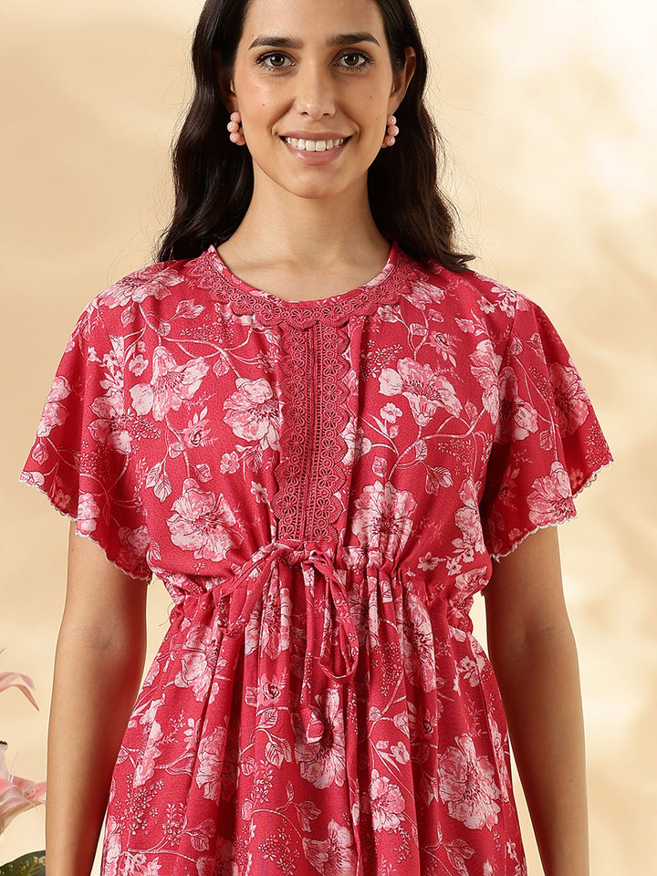 Salmon red floral alpine night wear for women