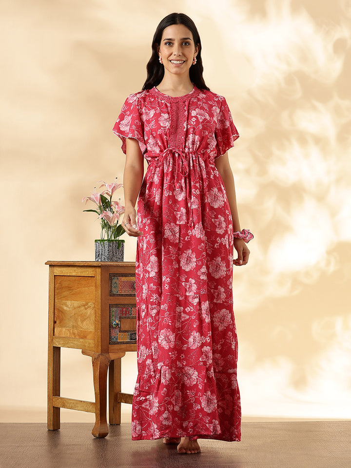 Salmon red floral alpine night wear for women