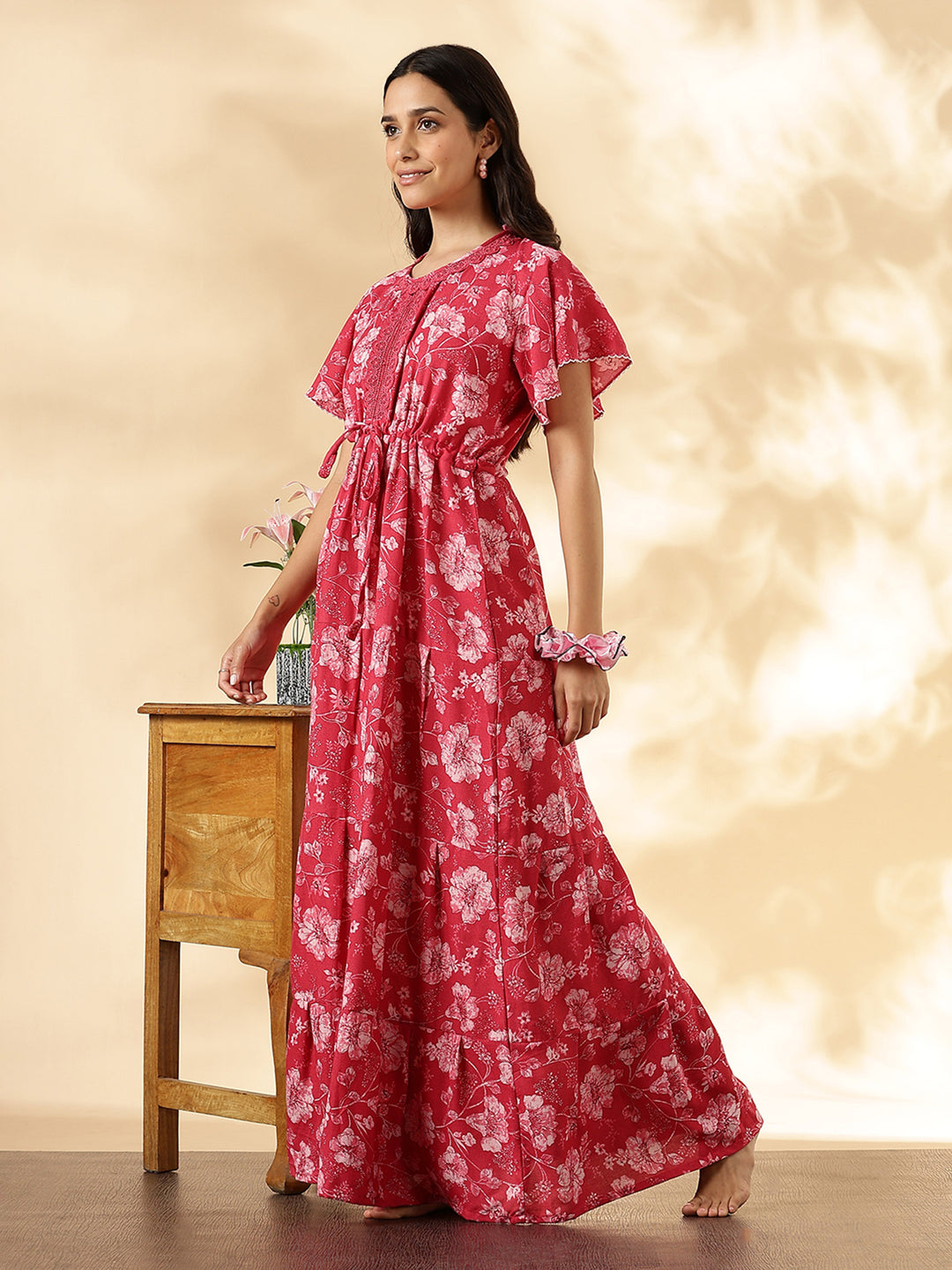 Salmon red floral alpine night wear for women